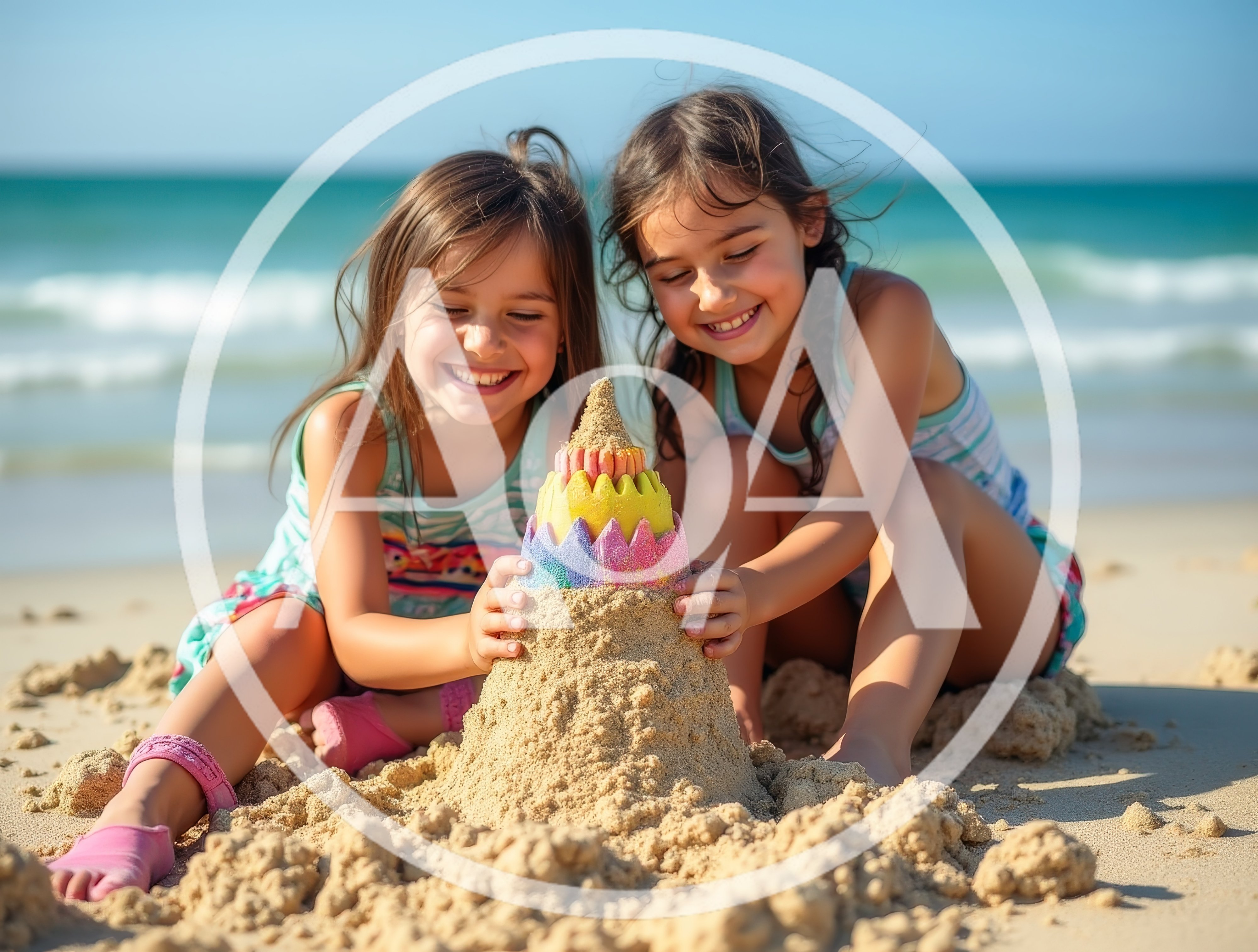 Two Young Girls Building A Colorful Sandcastle On Beach