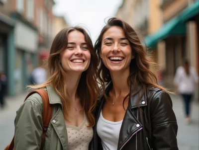 Two Happy Young Women Laughing Together Outdoors
