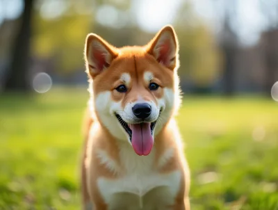 Happy Shiba Inu Puppy Standing In A Sunny Park