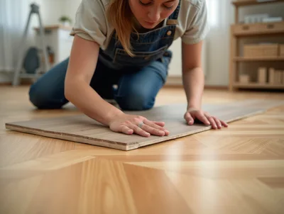 Woman Installing Laminate Flooring In A Home Interior