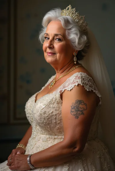 Elegant Senior Bride With Tattoo In Wedding Dress