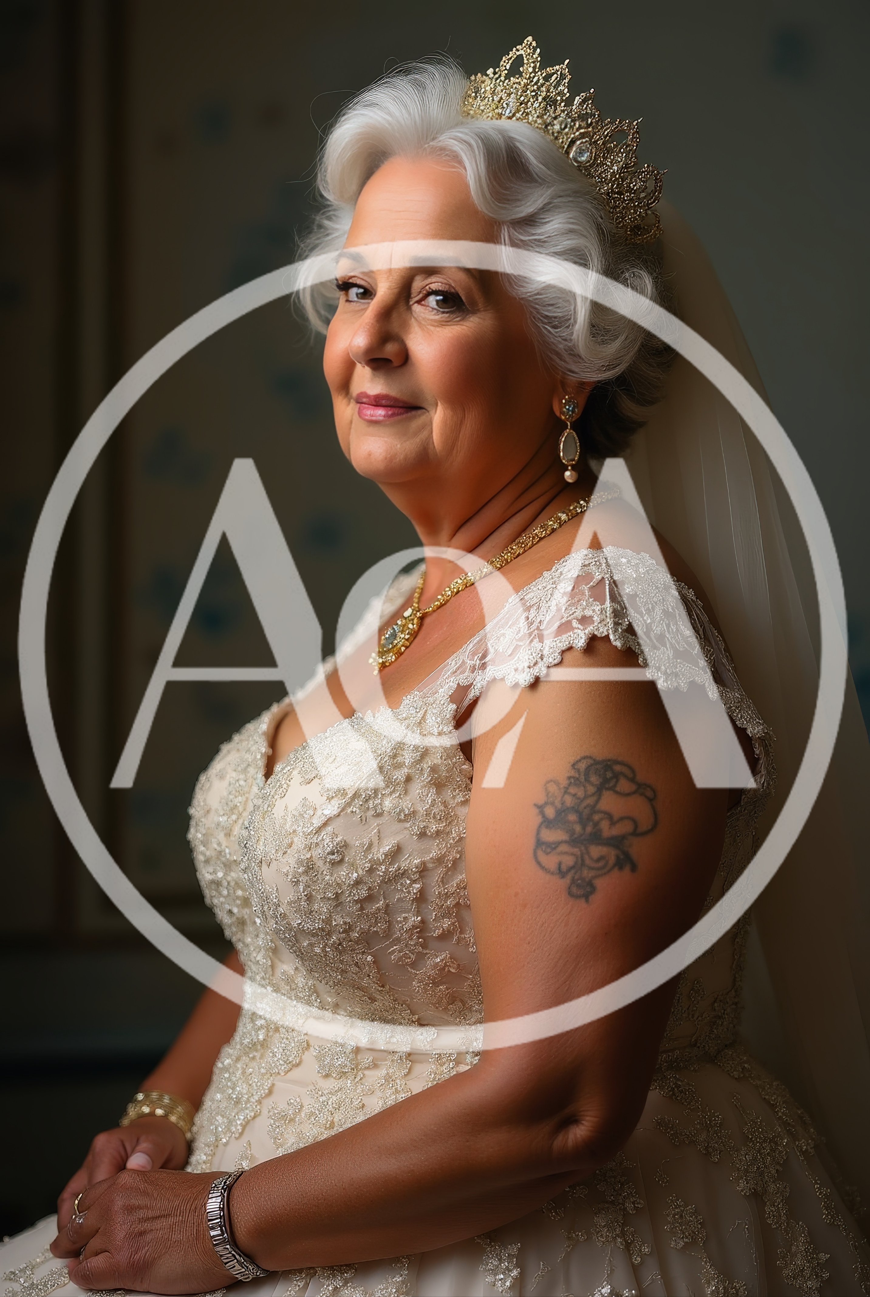 Elegant Senior Bride With Tattoo In Wedding Dress