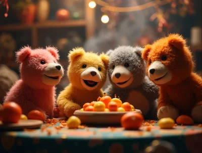Four Colorful Teddy Bears Celebrating With Fruit