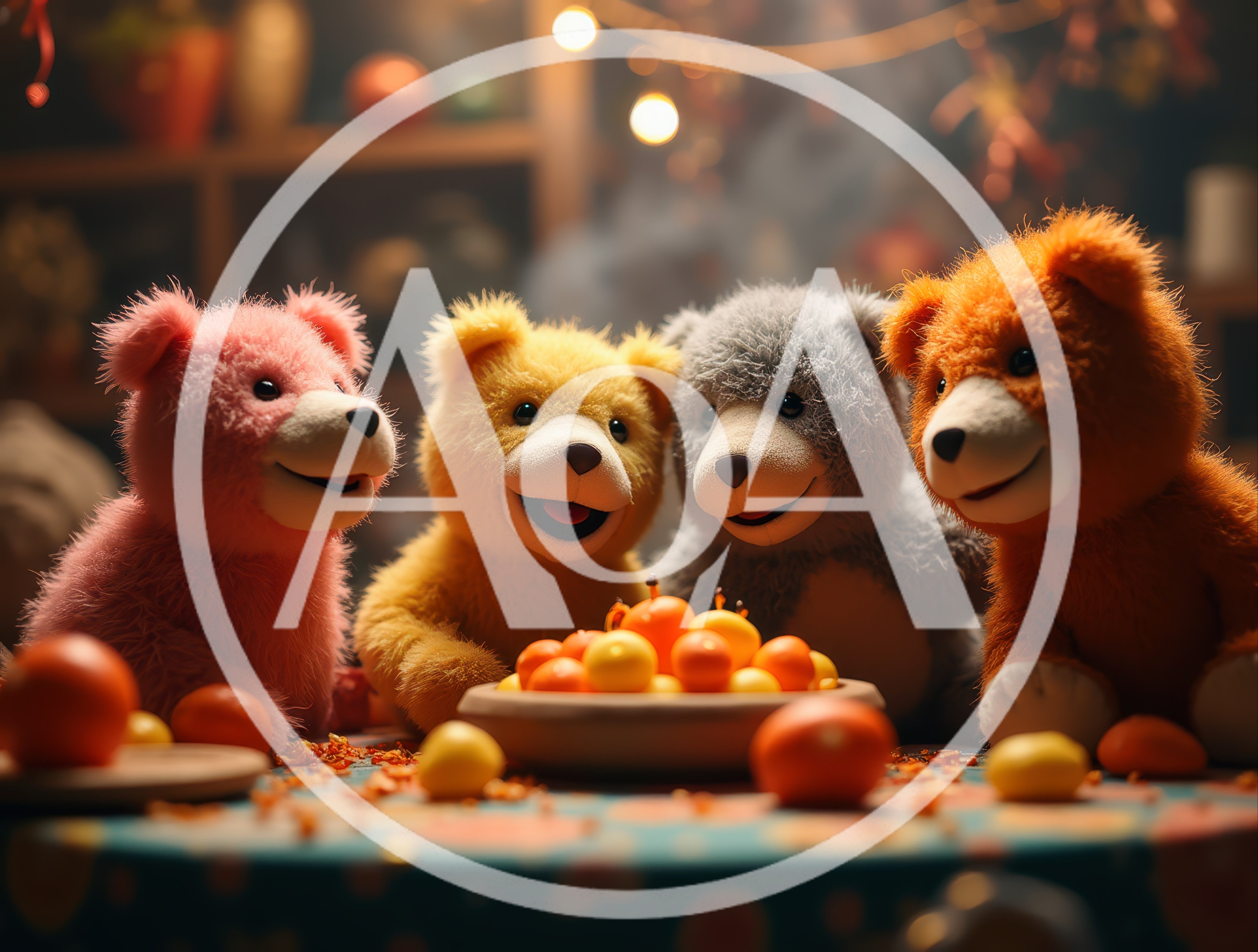 Four Colorful Teddy Bears Celebrating With Fruit