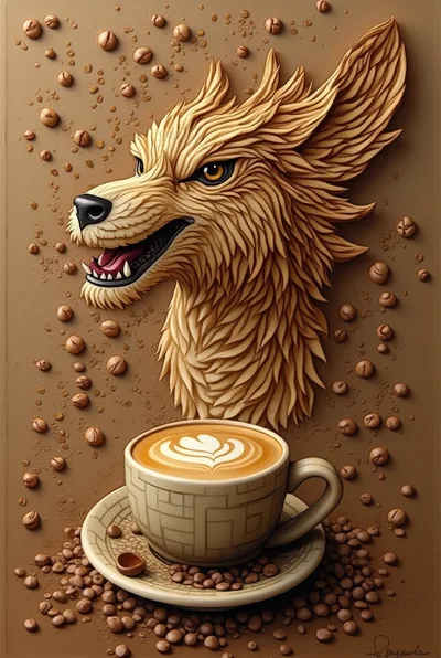 Stylized Wolf Head Carving With Coffee Cup