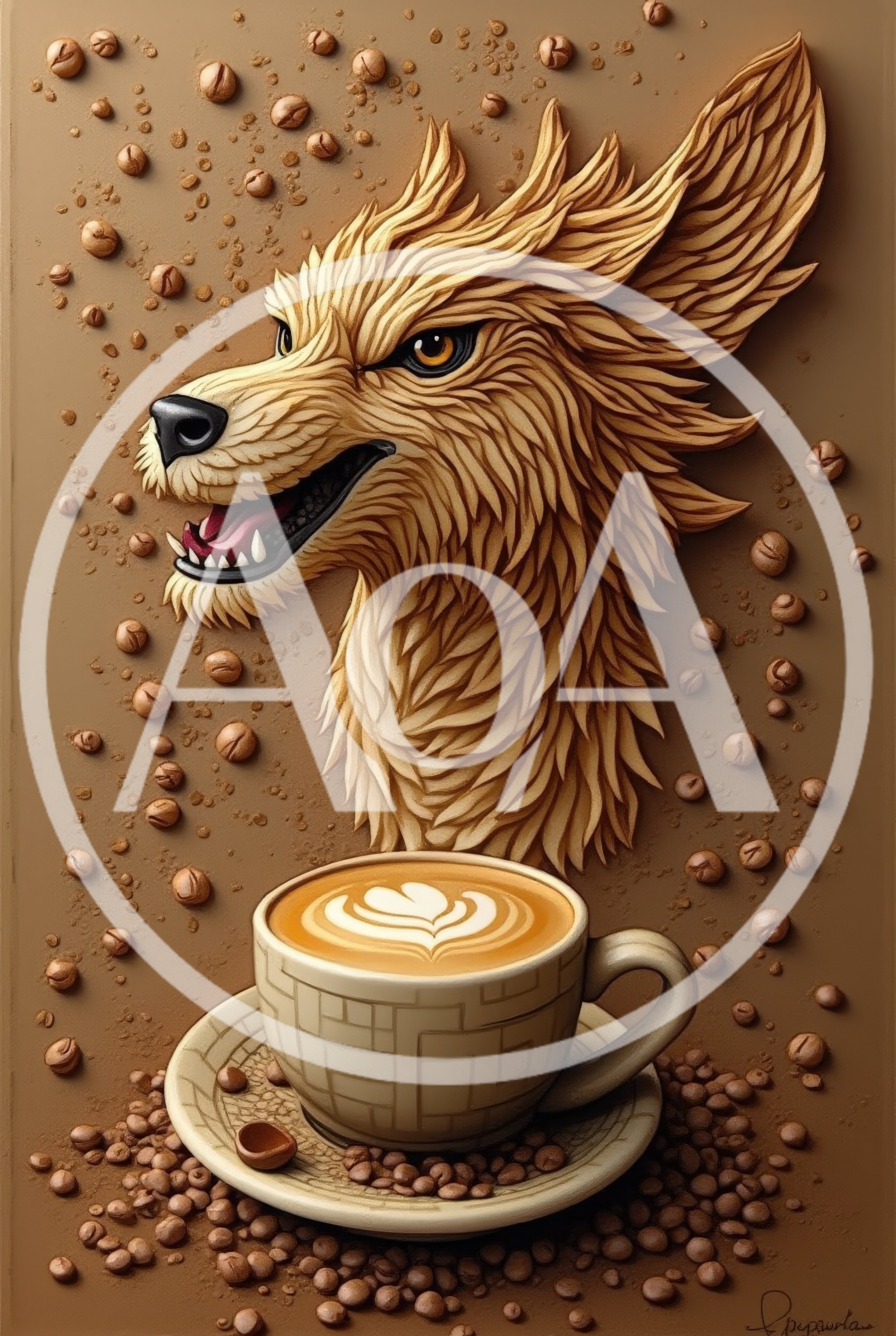 Stylized Wolf Head Carving With Coffee Cup