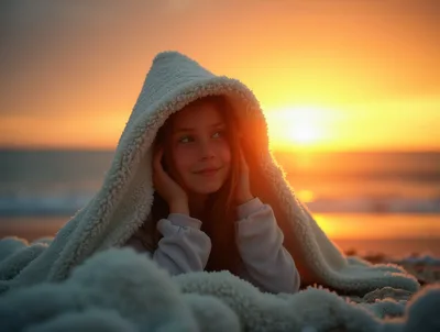 Young Girl Relaxing Under Blanket on Beach at Sunset