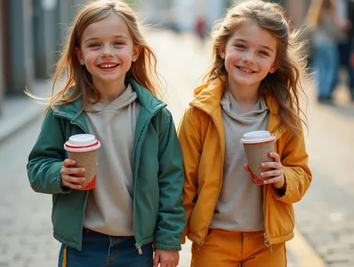 Two Young Girls Holding Coffee Cups Outdoors