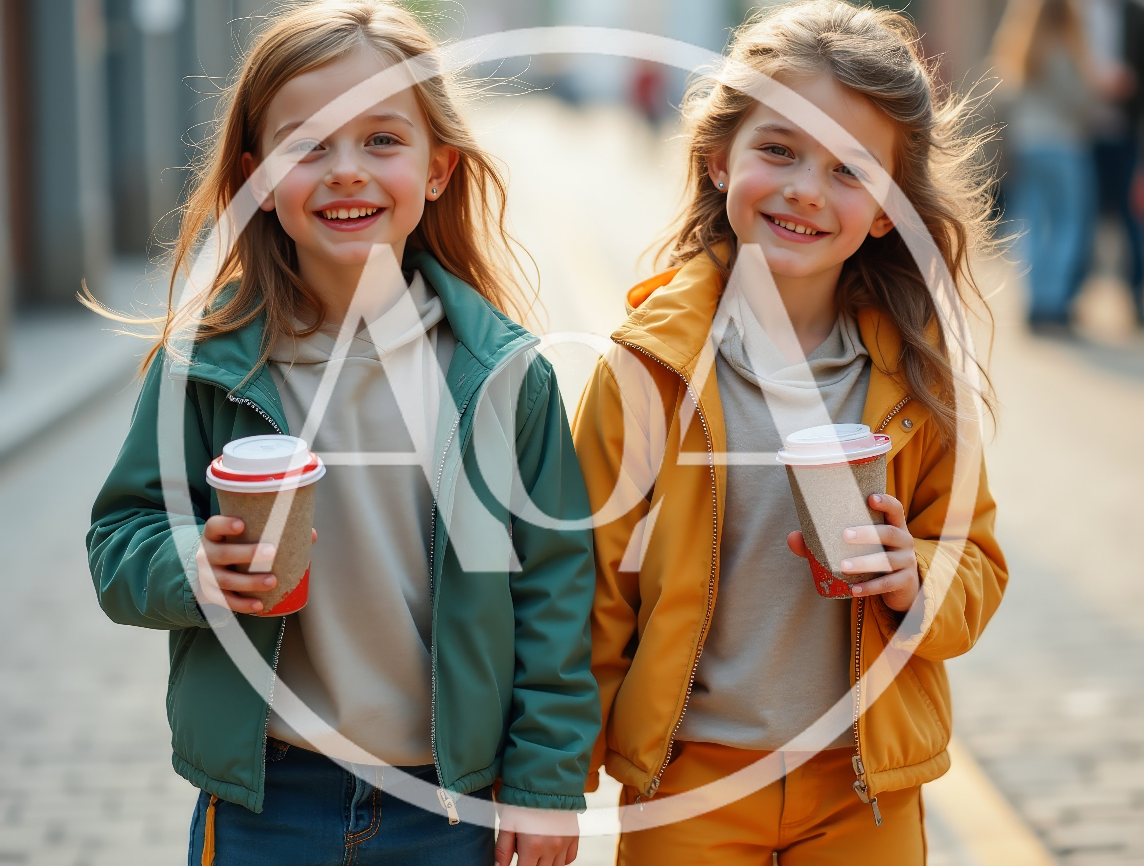 Two Young Girls Holding Coffee Cups Outdoors