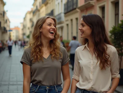 Two Young Women Laughing While Walking Down City Street