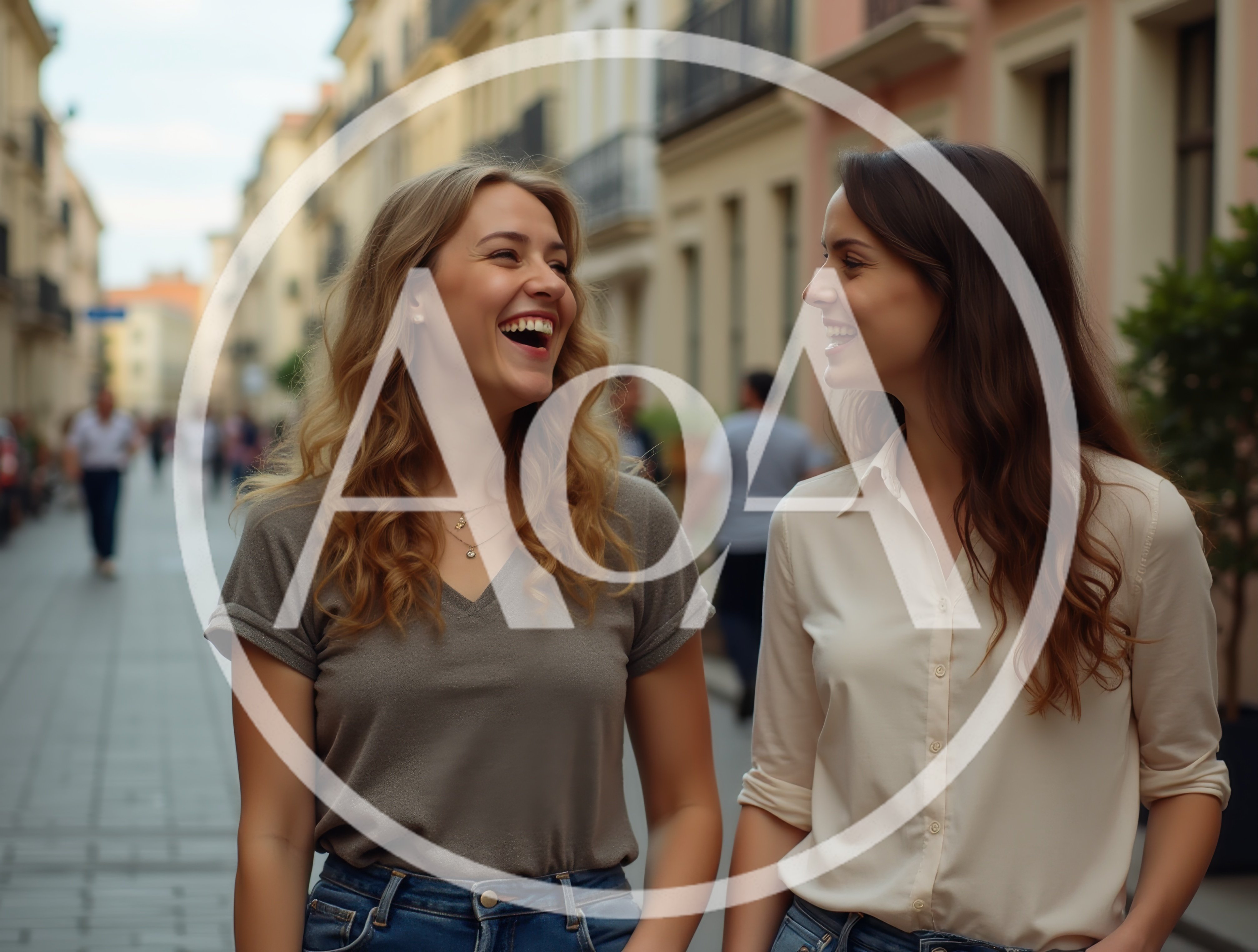 Two Young Women Laughing While Walking Down City Street
