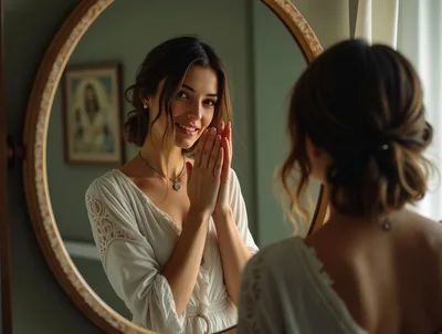 Young Woman Looking At Her Reflection In A Mirror