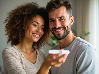 Happy Couple Celebrating Positive Pregnancy Test Result