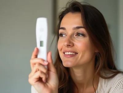 Happy Woman Holding A Digital Pregnancy Test