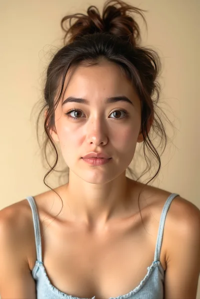 Portrait Of A Young Woman With Messy Bun Hairstyle