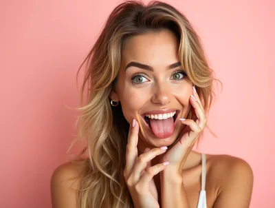 Playful Young Woman With Blonde Hair Sticking Out Tongue