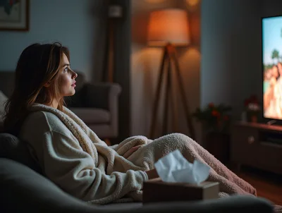 Young Woman Watching Television Wrapped In A Blanket