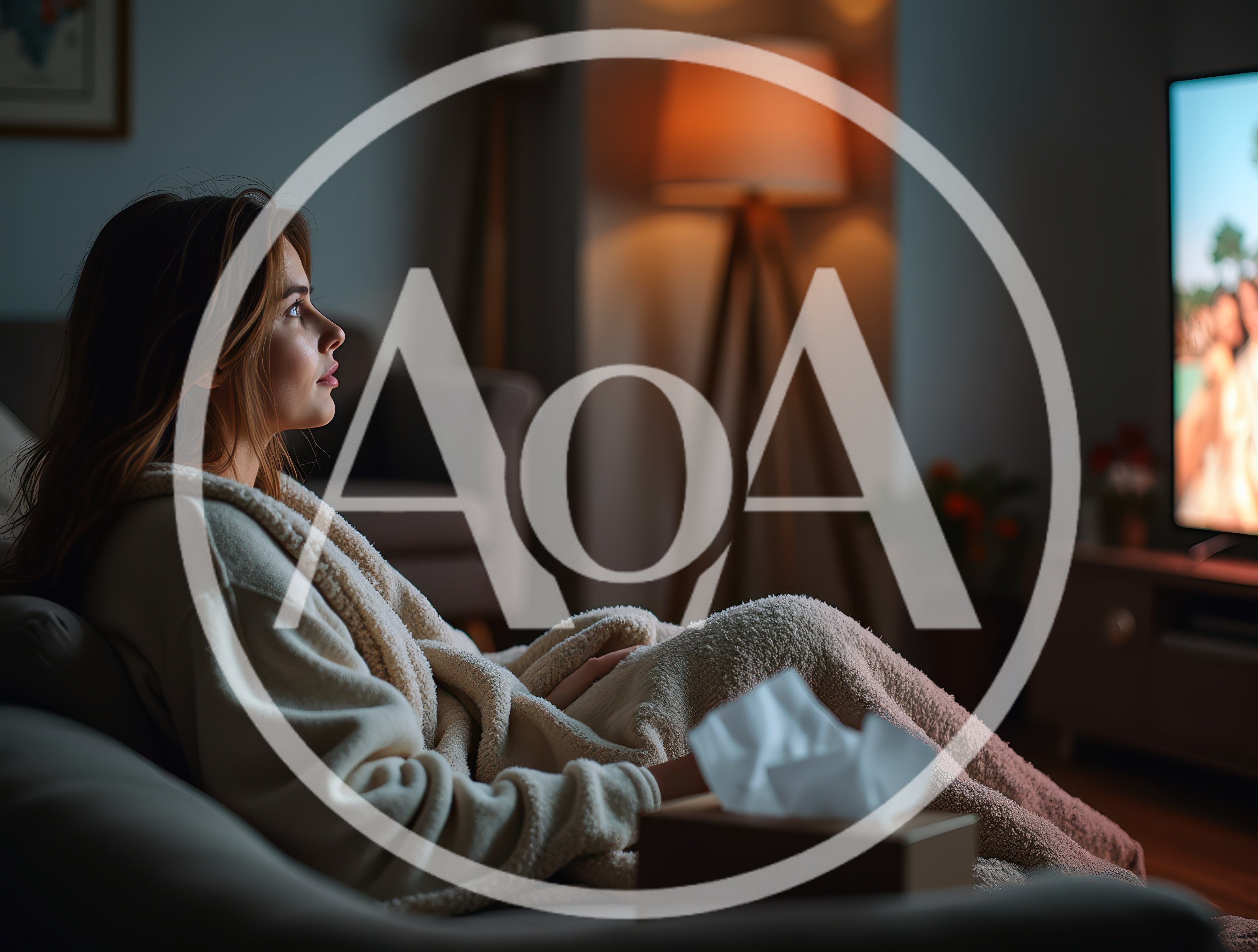 Young Woman Watching Television Wrapped In A Blanket