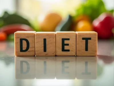 Wooden Blocks Spelling Diet With Fresh Vegetables Background