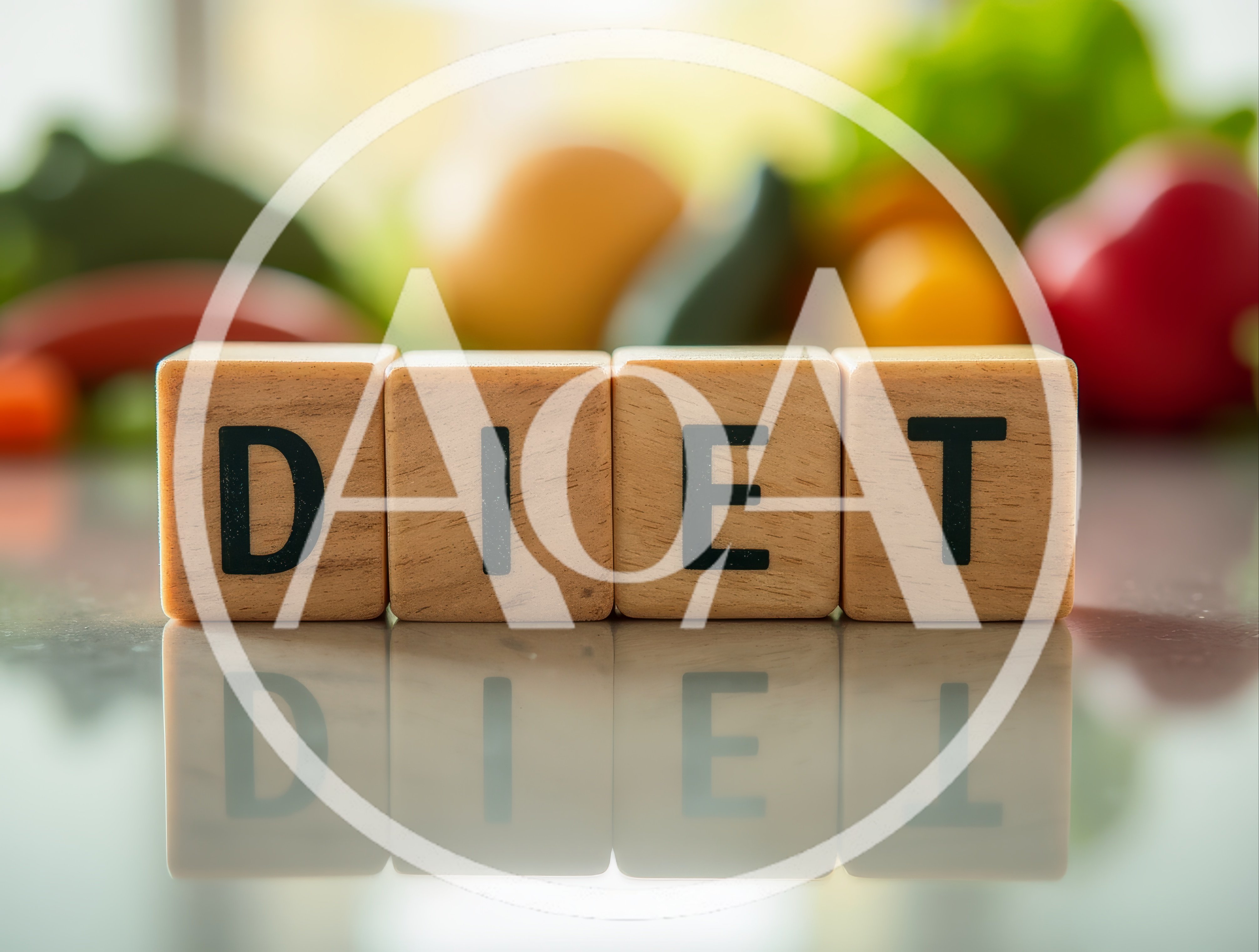 Wooden Blocks Spelling Diet With Fresh Vegetables Background