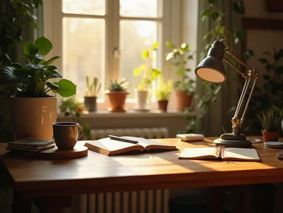 Cozy Home Office Desk With Books And Plants