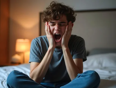 Young Man Sitting On Bed Screaming In Frustration