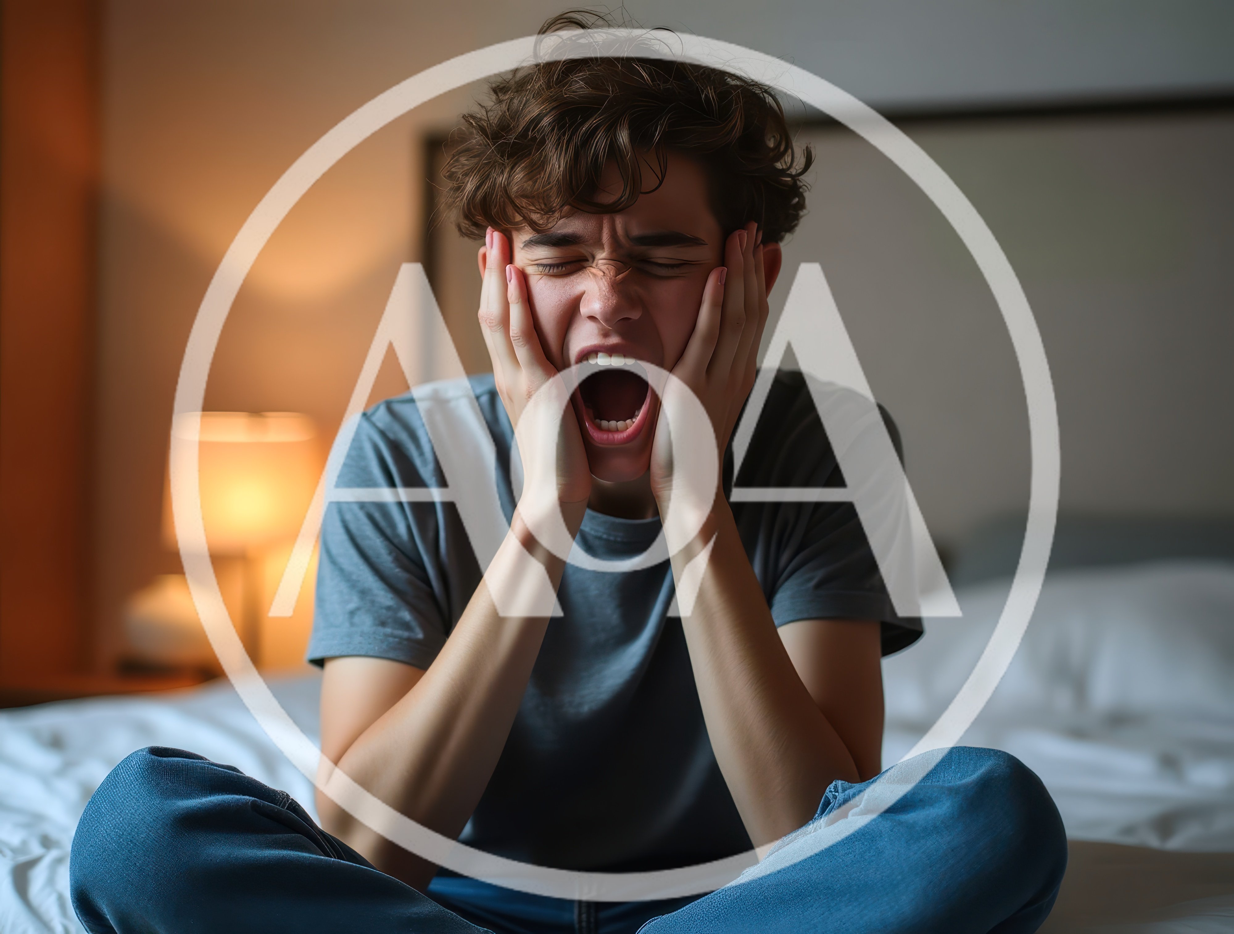 Young Man Sitting On Bed Screaming In Frustration