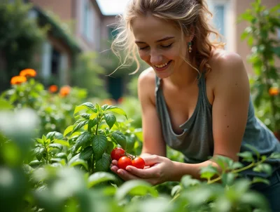 Young Woman Harvesting Fresh Cherry Tomatoes In A Garden