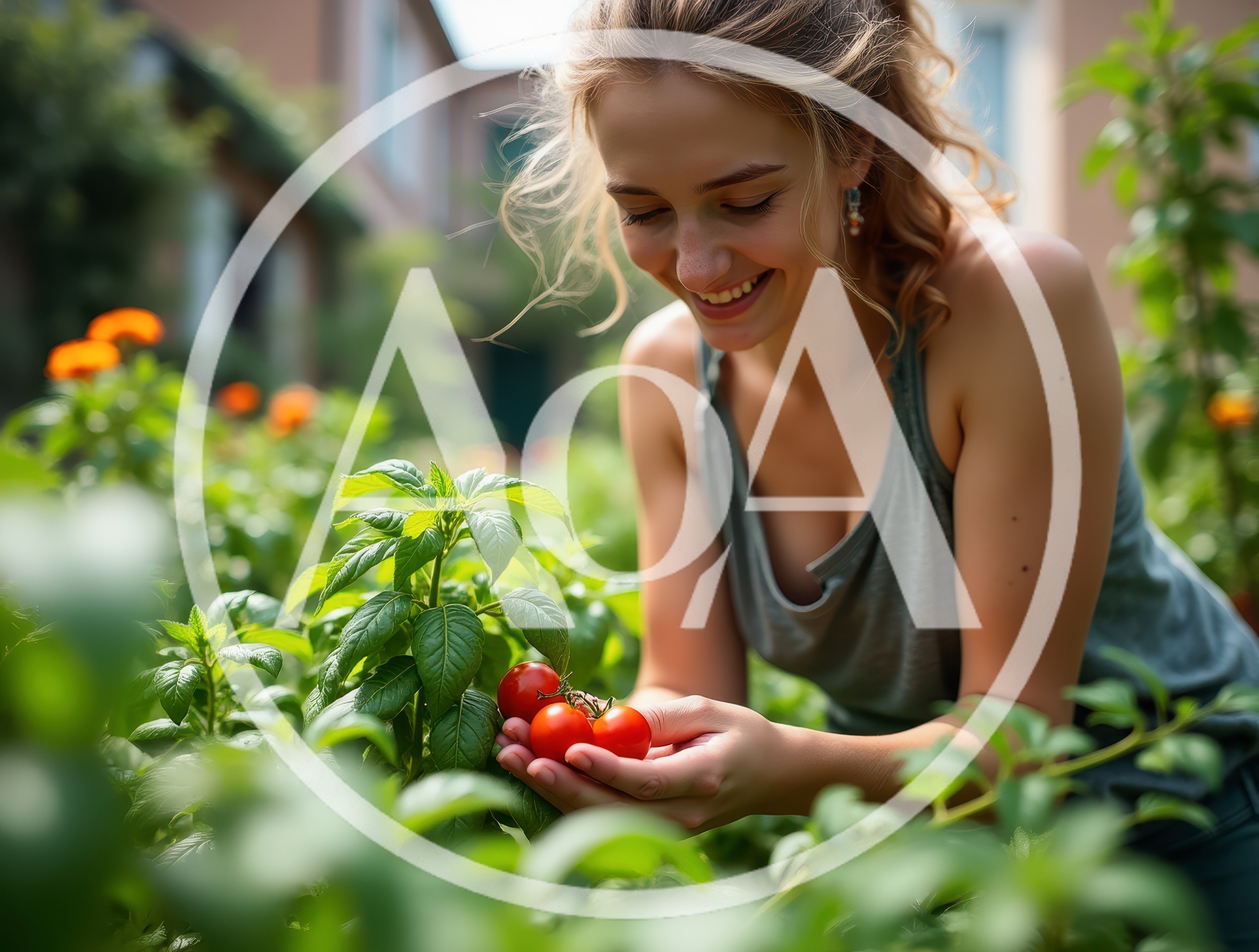 Young Woman Harvesting Fresh Cherry Tomatoes In A Garden