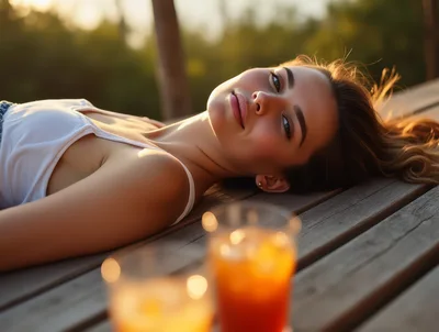 Young Woman Relaxing On Wooden Deck At Sunset