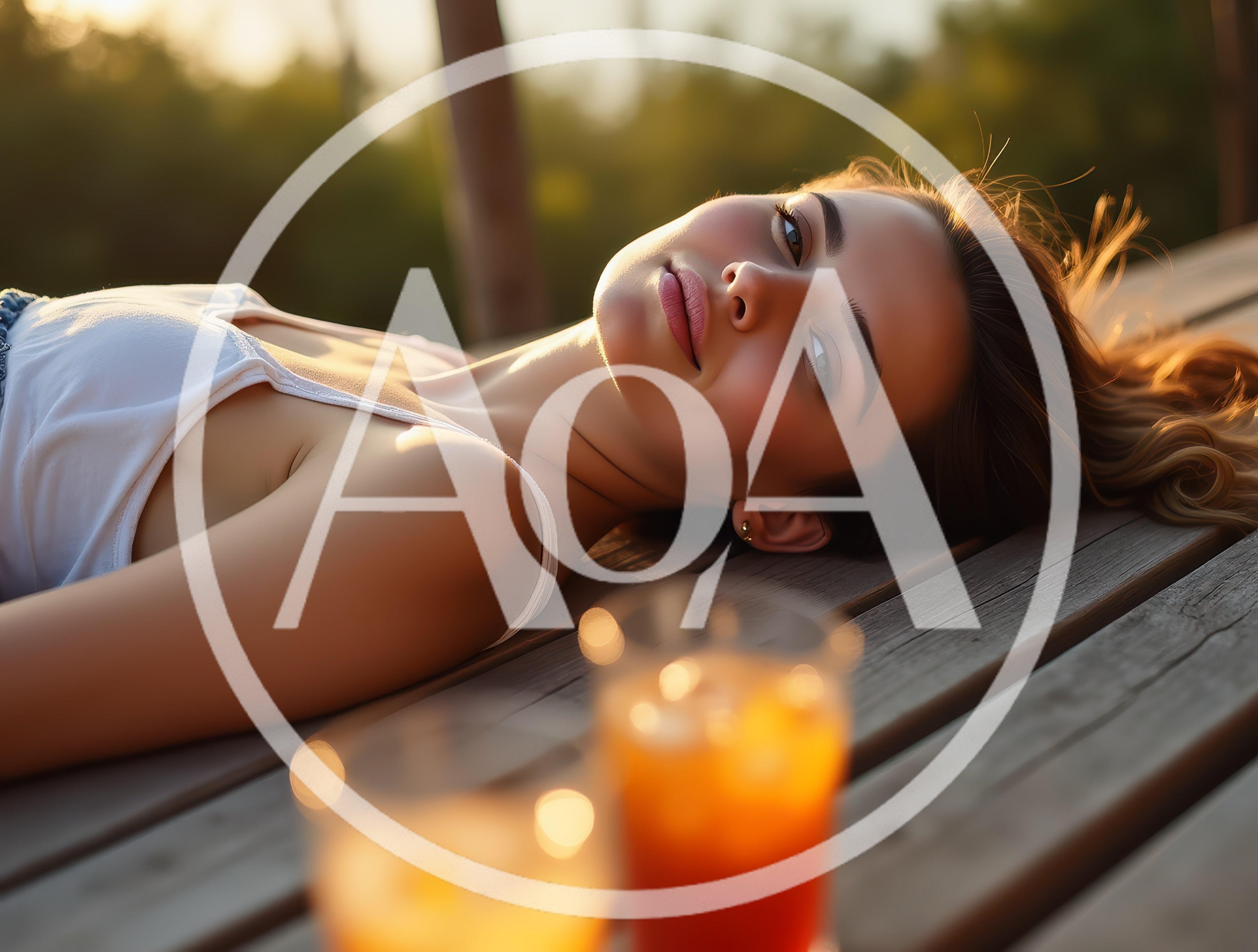 Young Woman Relaxing On Wooden Deck At Sunset