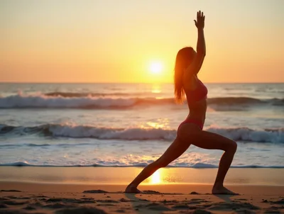Woman Practicing Yoga Warrior Pose on Beach at Sunset
