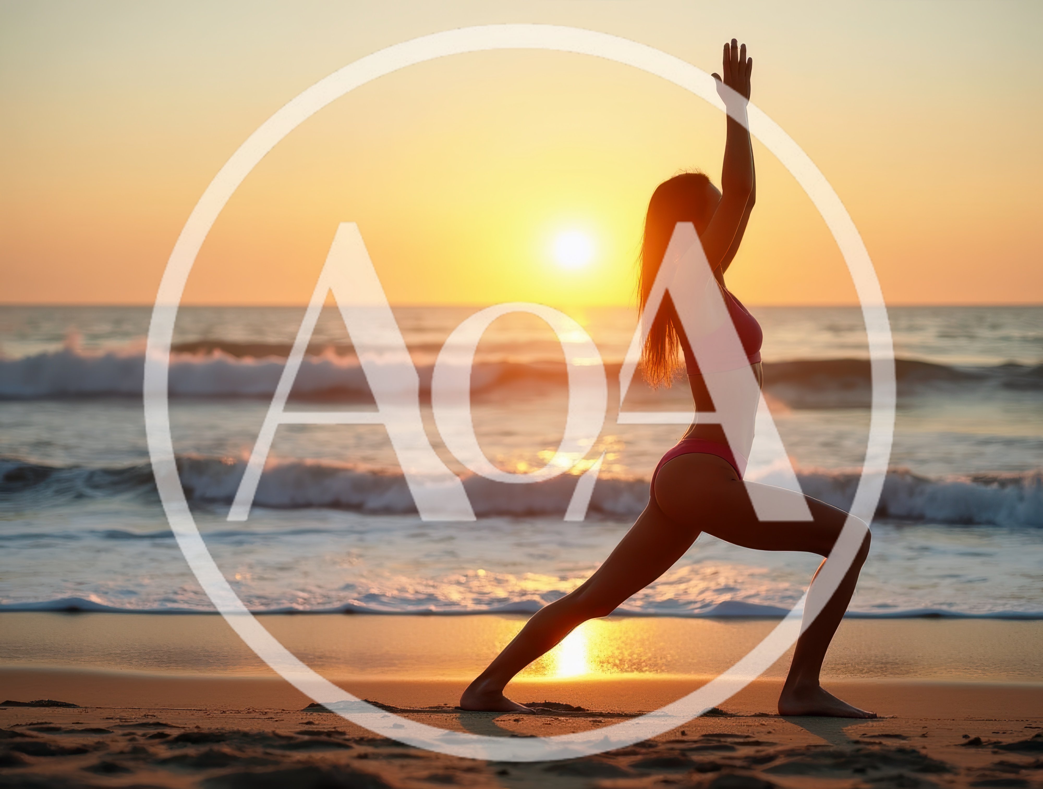 Woman Practicing Yoga Warrior Pose on Beach at Sunset