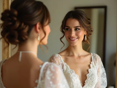 Beautiful Bride Looking At Her Reflection In Mirror