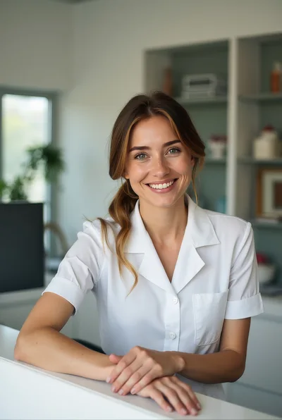 Friendly Female Receptionist Smiling At A Medical Office Desk
