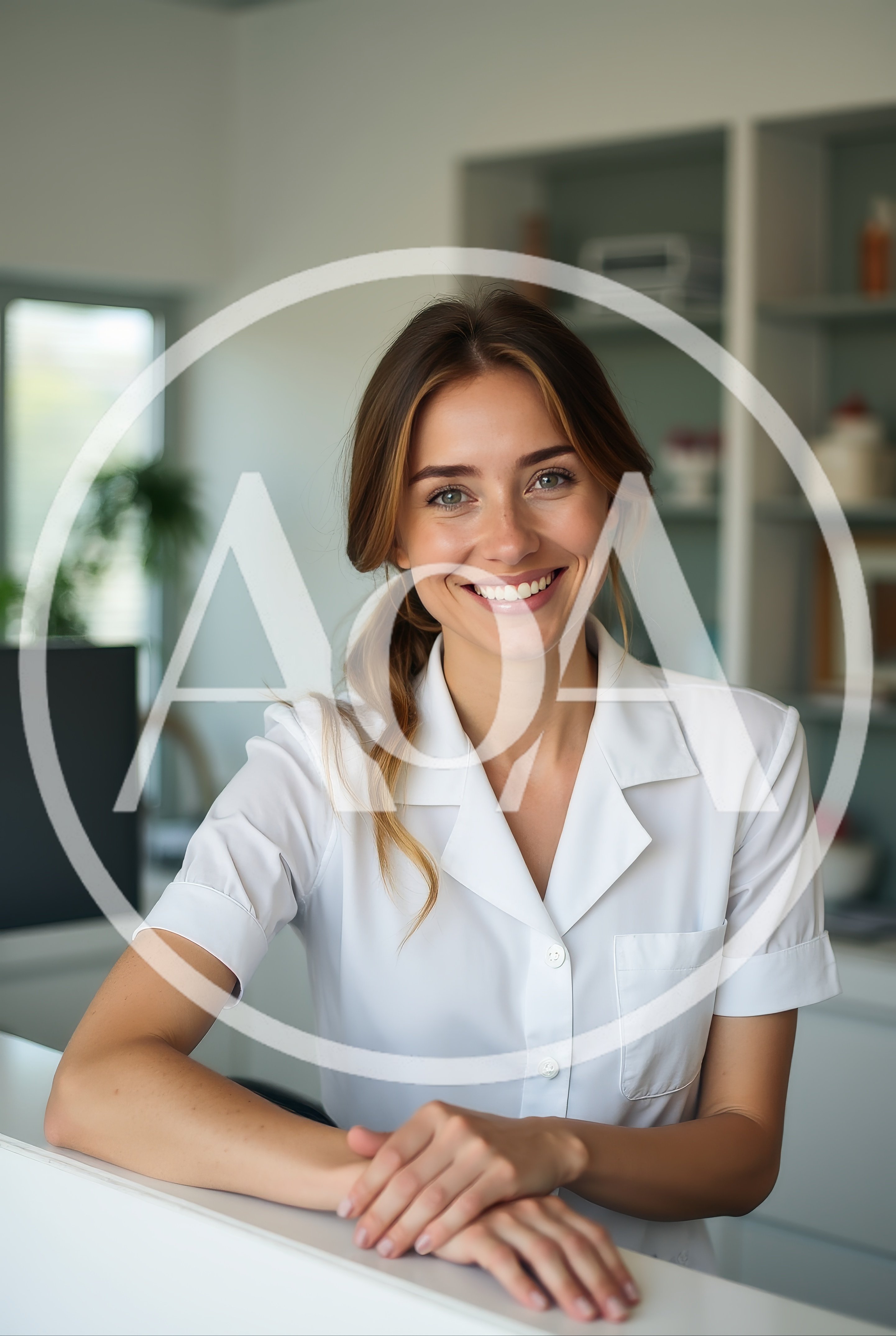 Friendly Female Receptionist Smiling At A Medical Office Desk