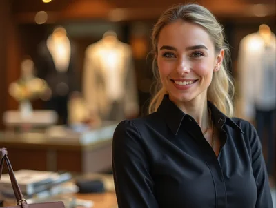 Professional Woman Smiling In A Luxury Clothing Store