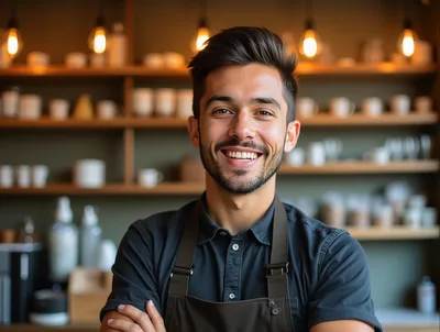 Smiling Male Barista Standing In A Coffee Shop