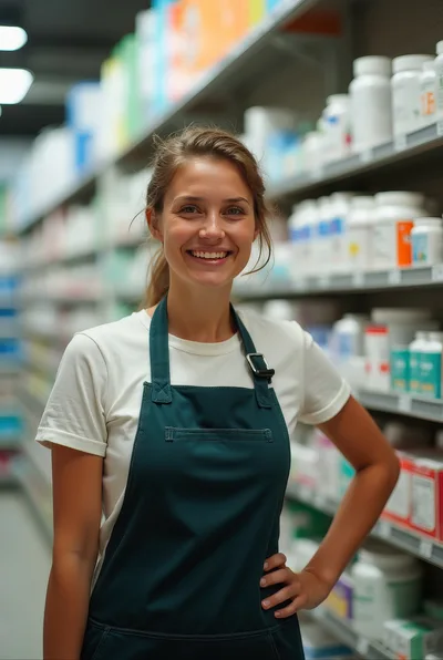 Friendly Female Pharmacist Standing In A Pharmacy Aisle