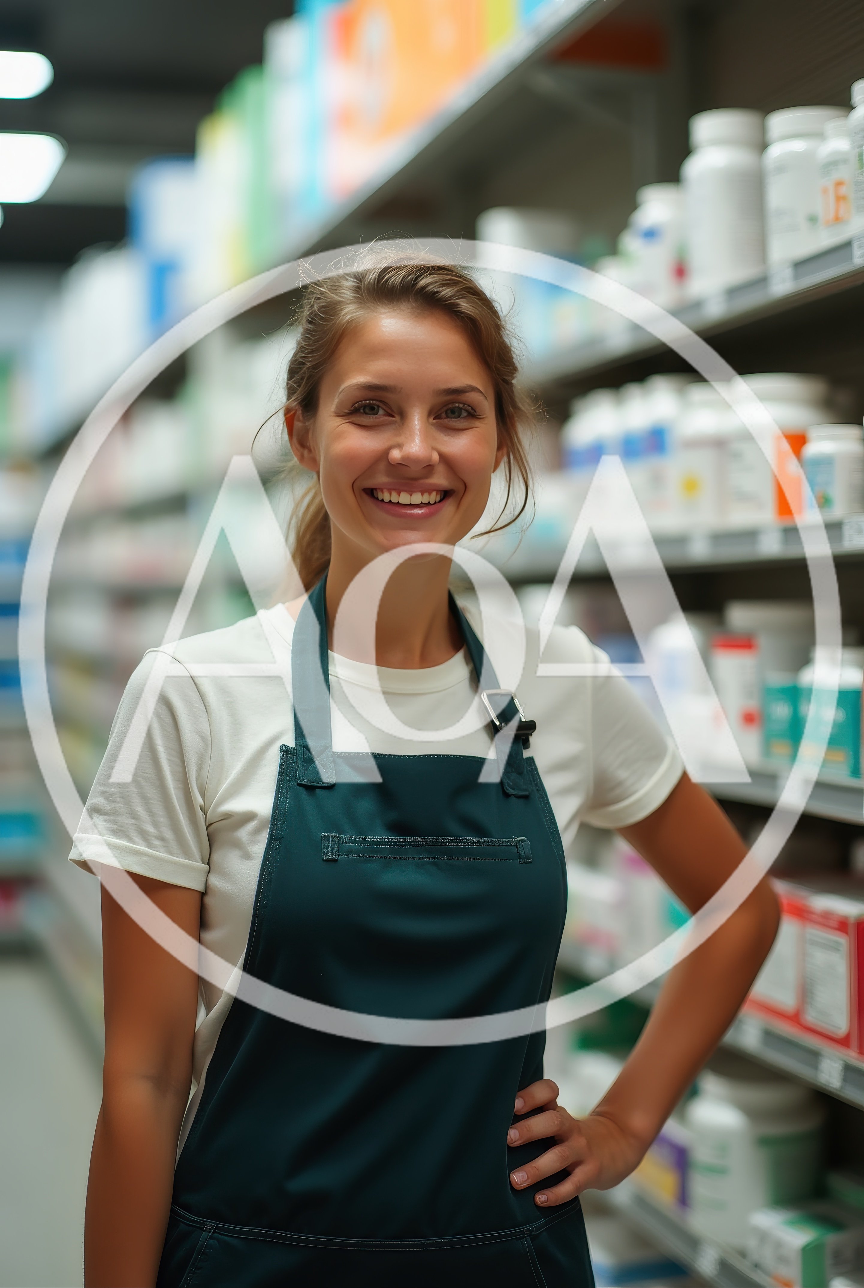 Friendly Female Pharmacist Standing In A Pharmacy Aisle