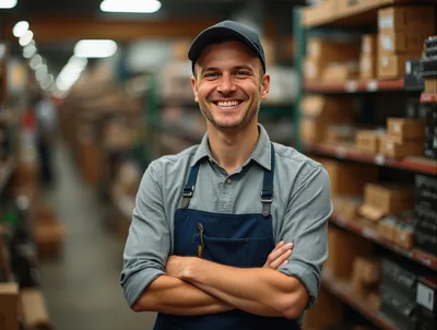 Smiling Warehouse Worker Standing With Arms Crossed