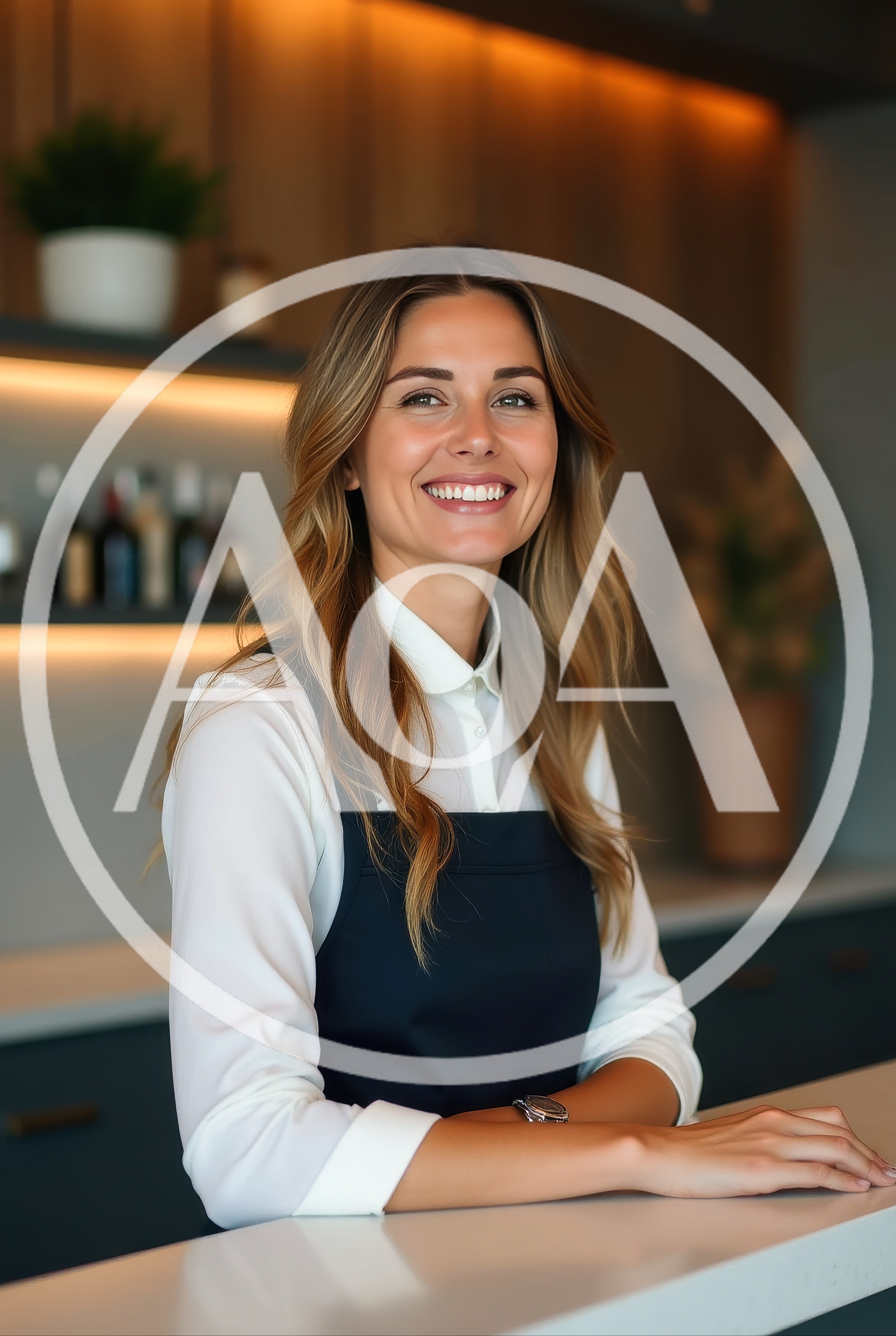 Smiling Female Barista Standing Behind A Modern Cafe Counter