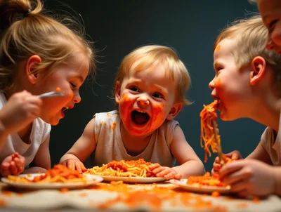 Three Toddlers Eating Spaghetti With Messy Faces