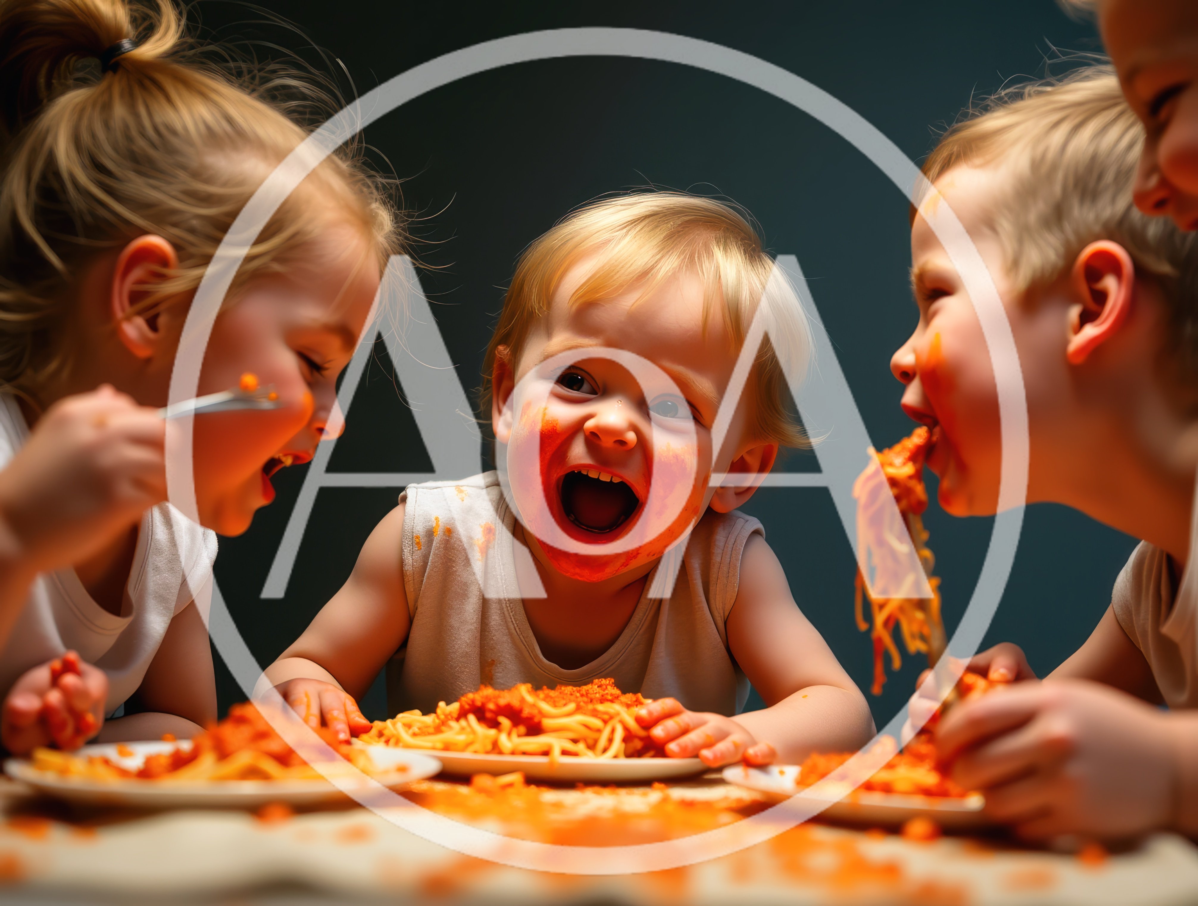 Three Toddlers Eating Spaghetti With Messy Faces