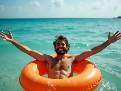 Happy Man Relaxing In Orange Pool Float In Ocean
