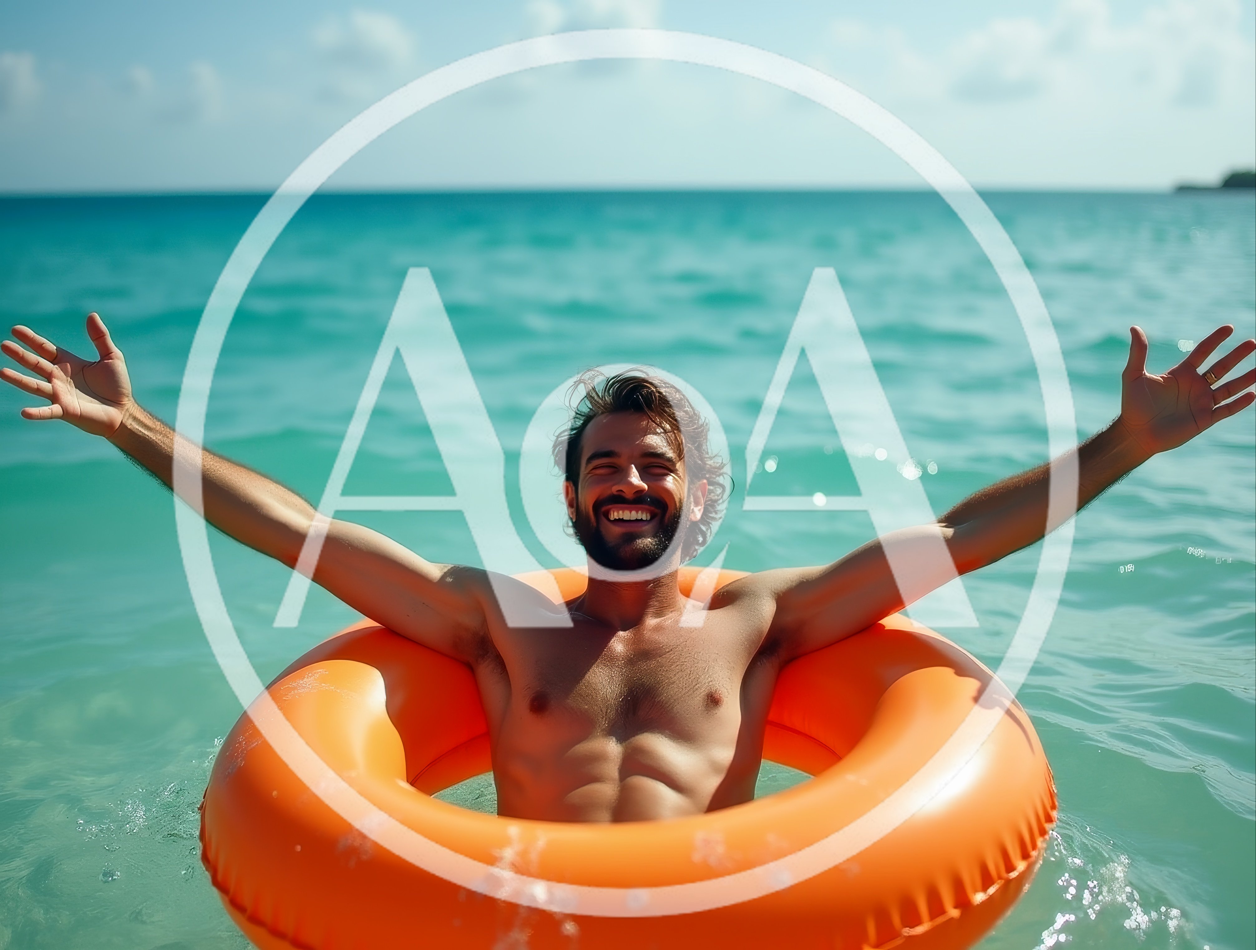 Happy Man Relaxing In Orange Pool Float In Ocean