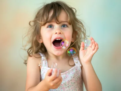 Happy Toddler Girl Playing With Bubbles