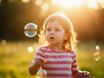 Toddler Girl Playing With Bubbles In Golden Hour Sunlight