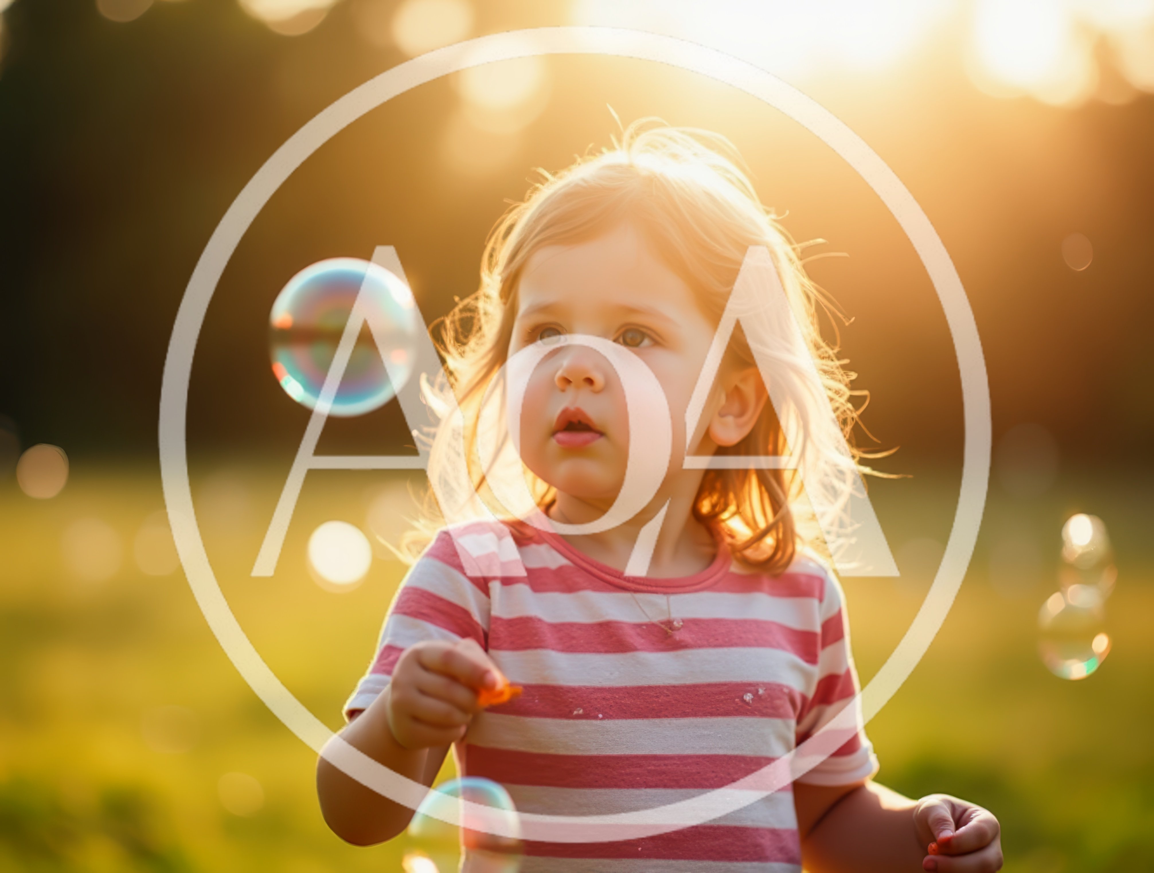 Toddler Girl Playing With Bubbles In Golden Hour Sunlight