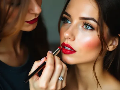Professional Makeup Artist Applying Red Lipstick To Client